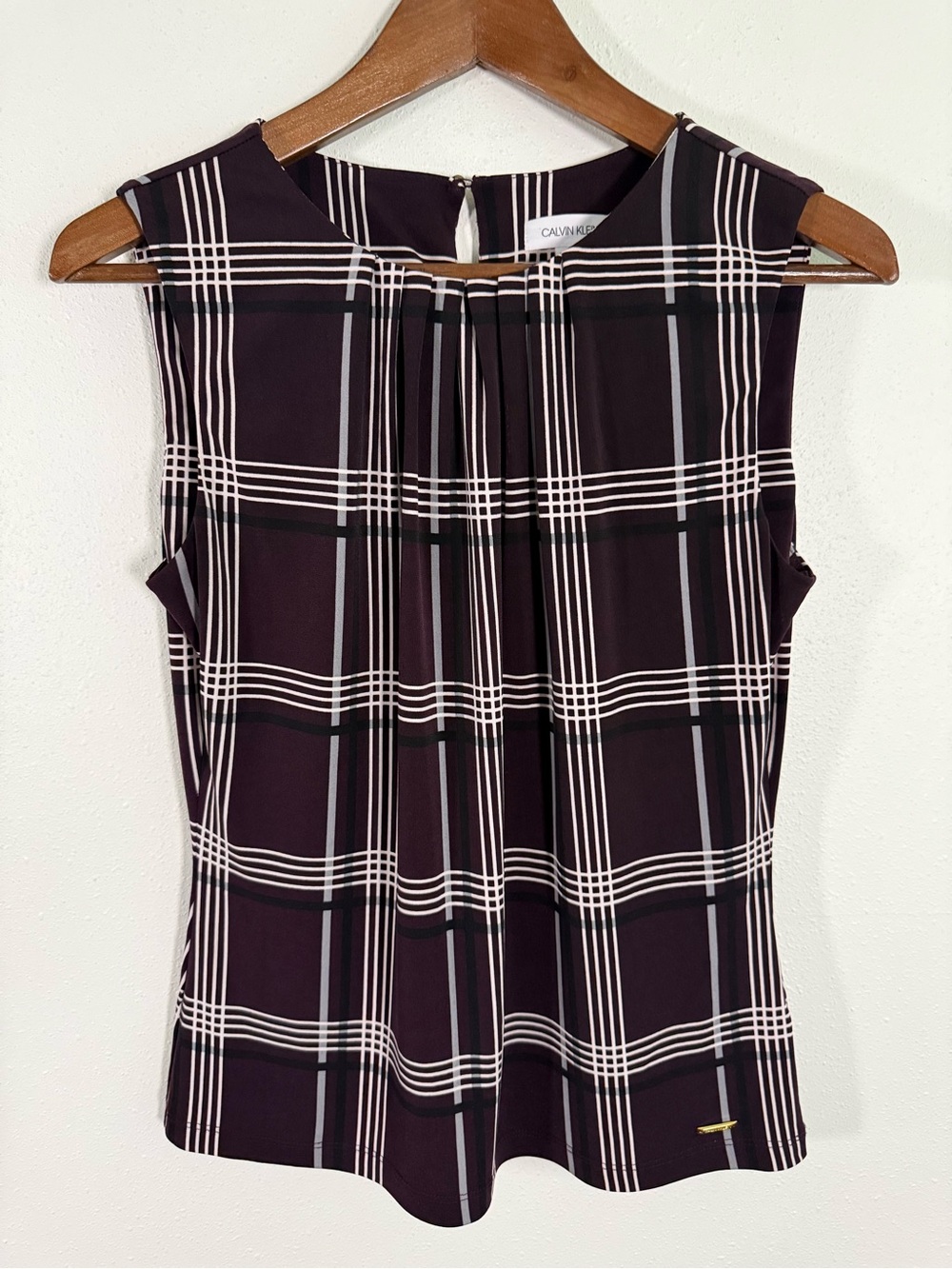 Calvin Klein Plaid Sleeveless Blouse Burgundy Pleated Career Top Size S